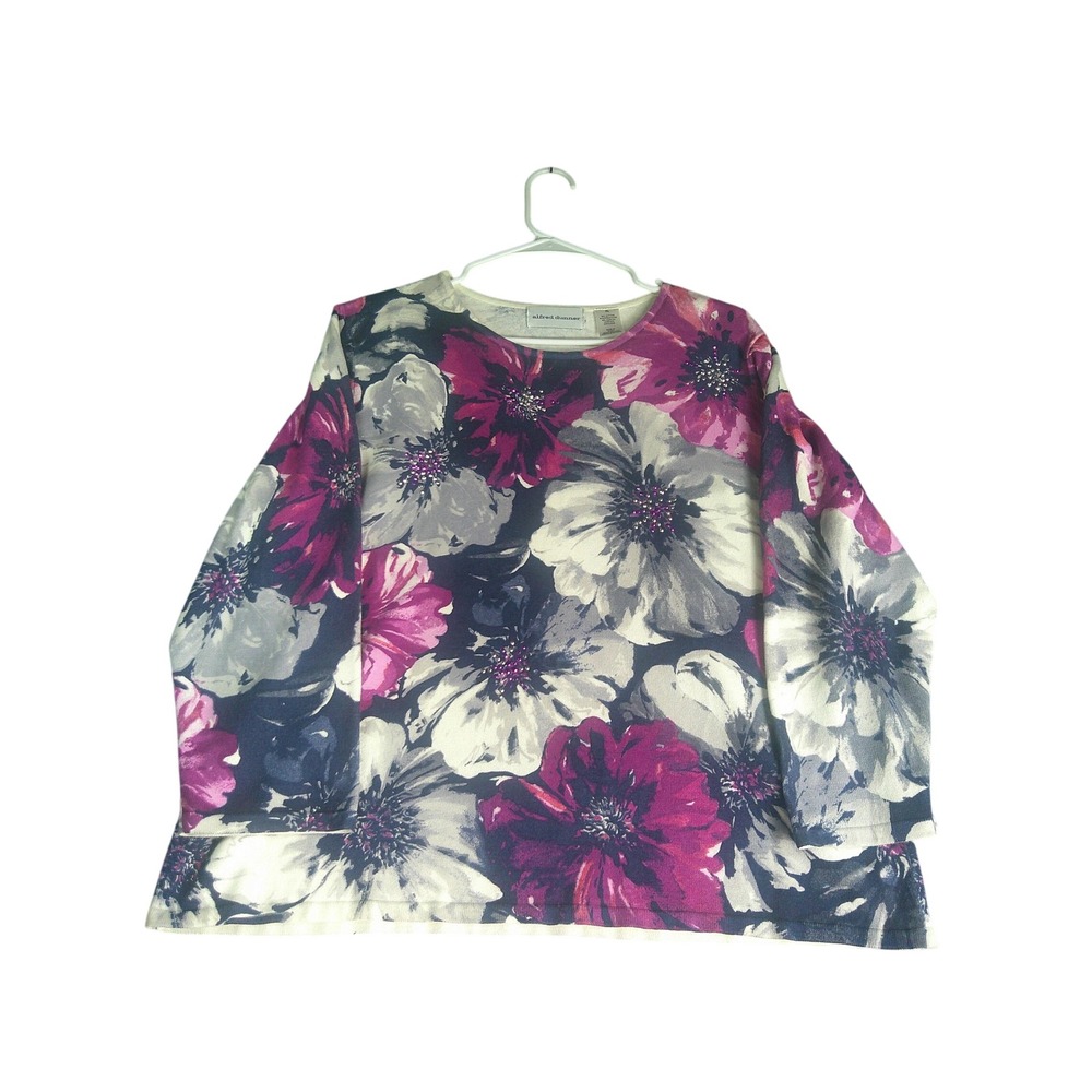 Alfred Dunner Women's XL Floral Rhinestone 3/4 Sleeve Knit Sweater Purple Navy